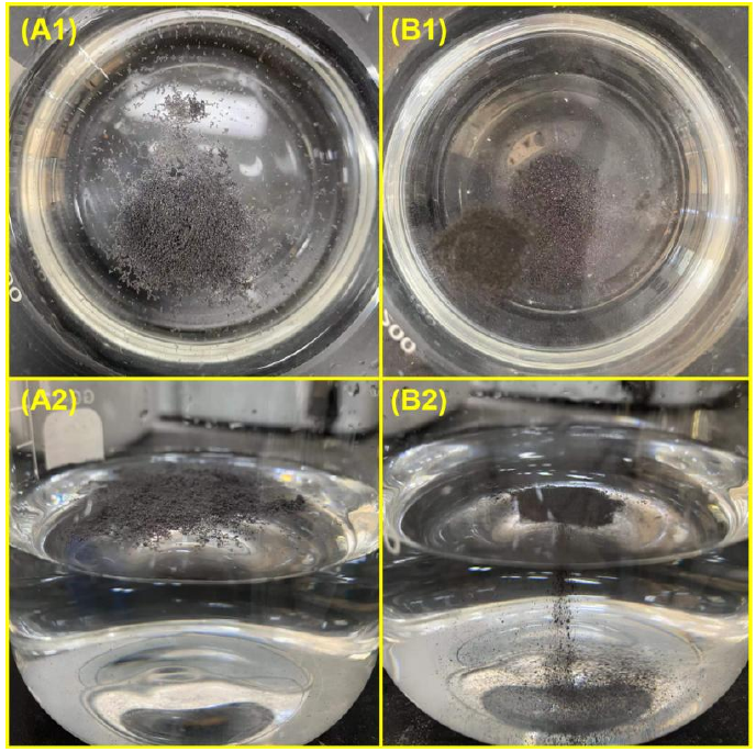 圖 1-3 (A1-2) 原始石墨烯放入水中的照片； (B1-2) 氧等離子處理石墨烯放入水中的照片